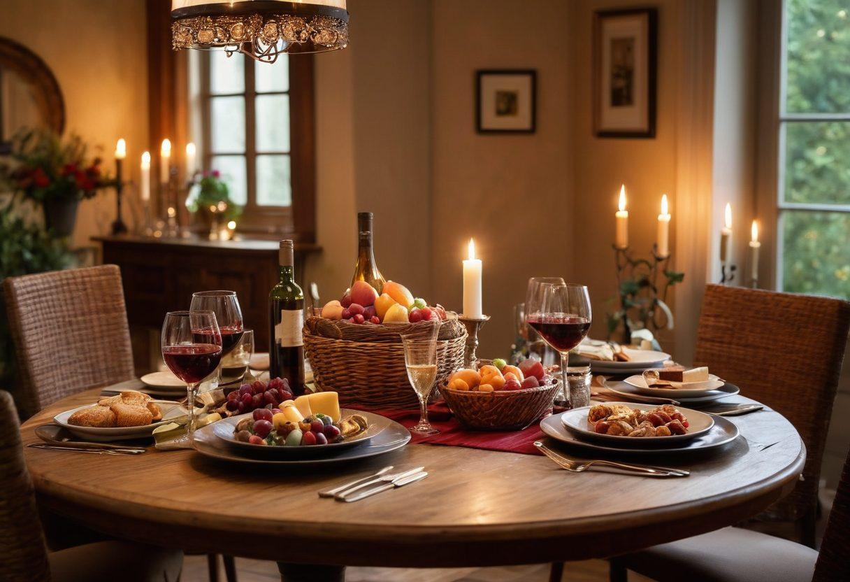 A warm, inviting scene of an elegant dining table set for a festive gathering, adorned with beautifully arranged wine hampers and baskets filled with artisanal snacks and gourmet foods. Soft, ambient lighting creates a cozy atmosphere, while friends toast with glasses of wine, embodying the spirit of togetherness. Include decorative elements like fresh flowers and candles to enhance the festive vibe. super-realistic. warm colors. cozy ambiance.