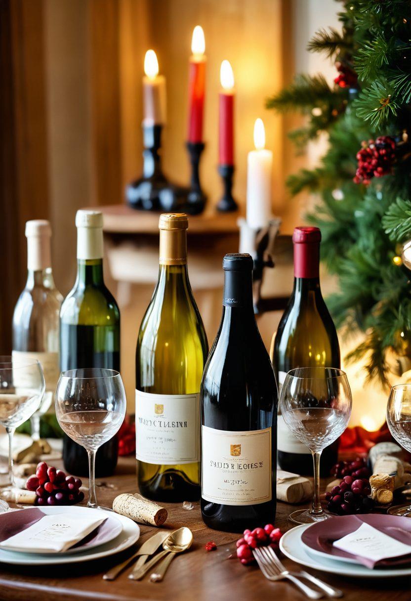 A beautifully arranged table featuring a variety of wine bottles, from vintage reds to sparkling whites, with elegant glassware and festive decorations. The scene captures a warm, celebratory atmosphere with soft lighting and a hint of greenery in the background. Subtle elements like wine corks and small candles add charm. A rainbow of colors reflects the diverse wines, inviting viewers to explore their options. super-realistic. vibrant colors. soft focus.